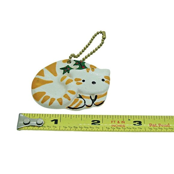 Ceramic Tabby Cat Hanging Christmas Ornament/Keychain Yellow White Green Decor - Picture 8 of 9
